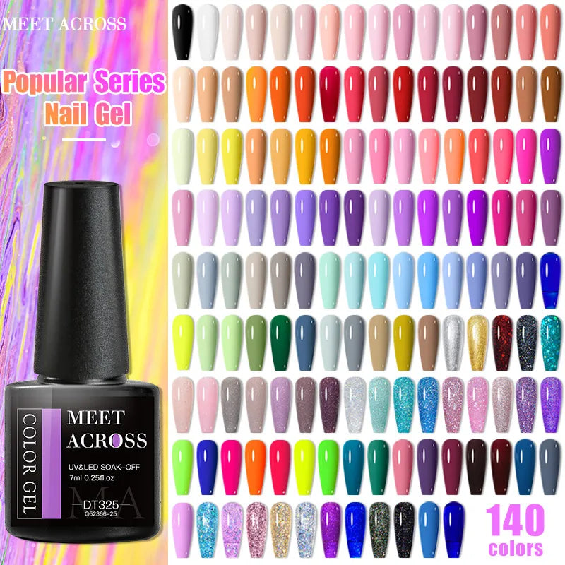 MEET ACROSS 7ml 140 Colors Nail Gel Polish Colorful Laser Glitter Sequins Gel Soak Off UV LED Gel Nail Art DIY Design Varnishes